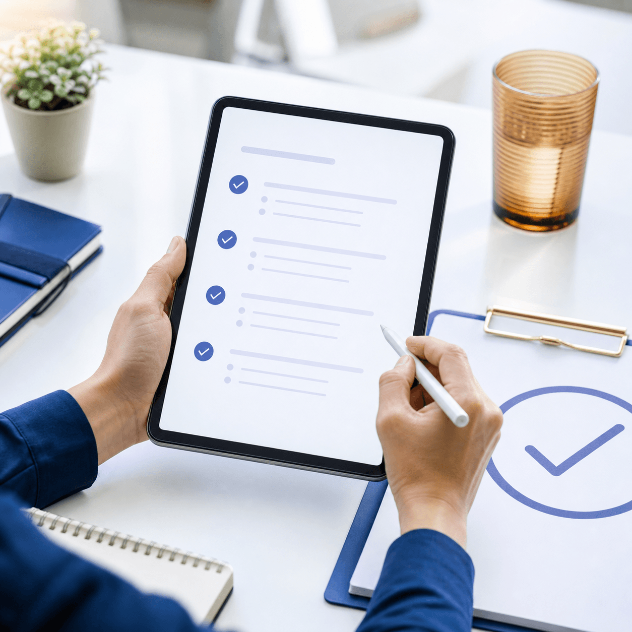 Application checklist being reviewed on a tablet